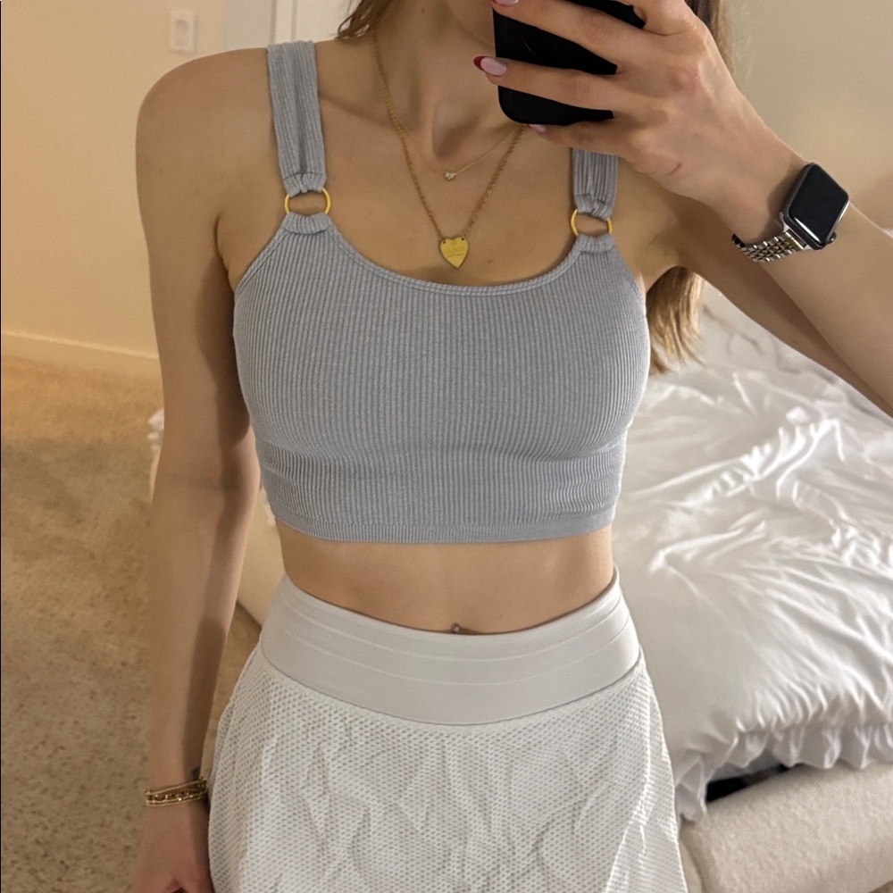 Aerie Grayish blue Ribbed Cropped workout top built in bra gold hardware